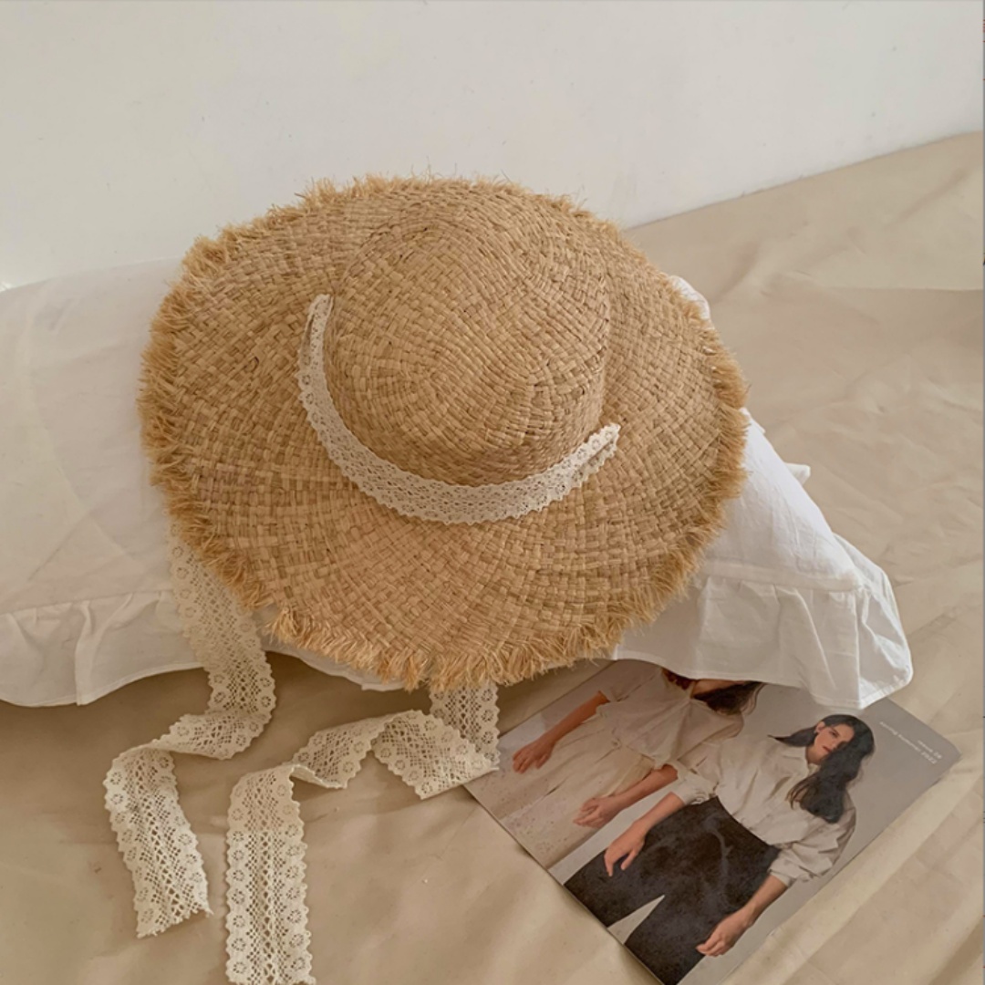 Straw Sun Hat with Lace Trim Wide Brim Beach Hat for women